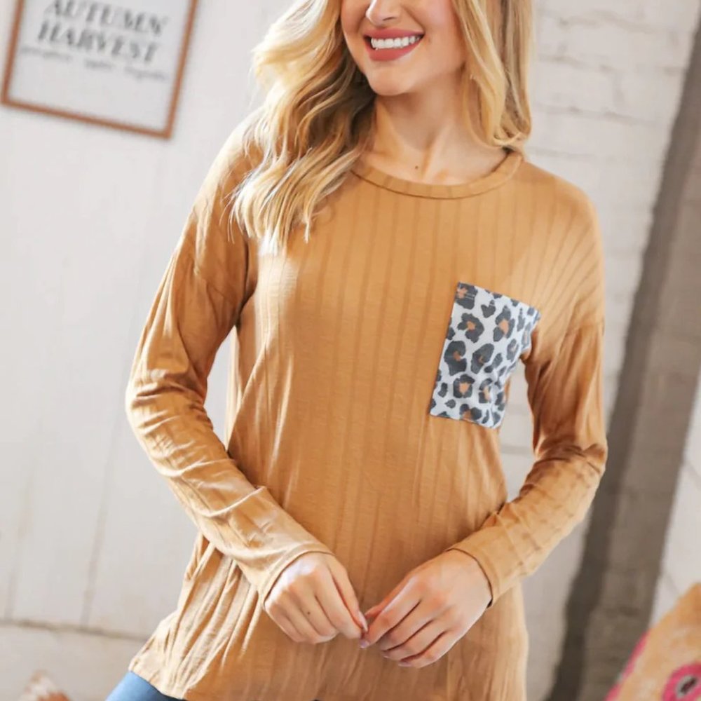 NWOT Brown Ribbed Long Sleeve Top | Leopard Print Pocket | Haptics | Small